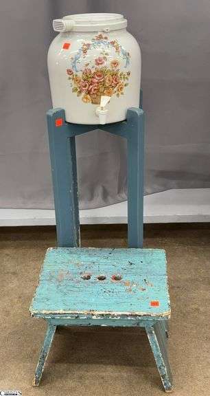 Crock Style Water Dispenser and Stand, Small Painted Stool - 36" of tallest image