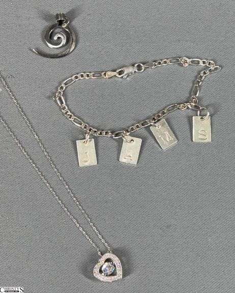 Heart Shaped Pendant with Chain Both Marked 925m Bracelet Marked 925 with 4 Charms with Letters ( J  A  M  S  ) and a Swirl Pendant Marked 925 image