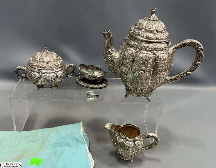 Silver Teapot, Creamer, Sugar, 3 Salts / Trinket Dishes, Miniature Box and a Salt Cellar.  All Marked 800 image