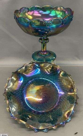 Carnival Glass Compote and Ruffled Plate - 10" of plate image
