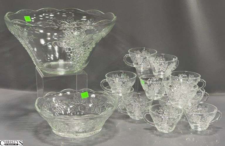 Clear Glass Punch Bowl with Grape Design 12" Round X 6 1/2" Tall, 12 Matching Mugs and a Smaller Clear Glass Bowl 8 1/2" Round X 3" Tall image