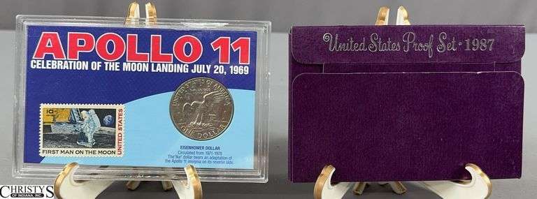 Apollo 11 Celebration of the Moon Lading July 20, 1969 Stamp and 1974-D Eisenhower Dollar Set and a 1987 U.S. Proof Set image