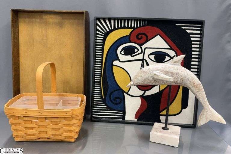 Cubist Style Wall Hanging, Dolphin Statue, Wood Tray, Utensil Basket - 18" x 18" of frame image
