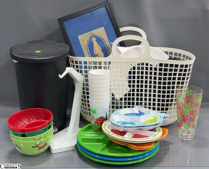 Small Trash Can, Nativity Print, Plastic Tote and Plastic Dishes image