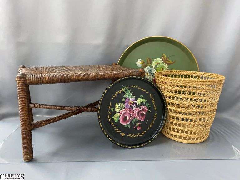 Small Woven Stool, 2 Toleware Style Trays, Woven Basket - 18" x 11" x 11" of stool image