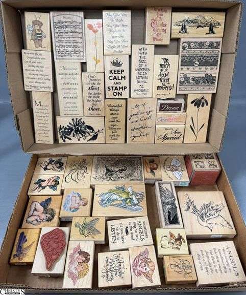 43 Wood Mounted Rubber Stamps. There Are Many Various Designs, Including Angels, Sentiments, Flowers, And Other Images. image