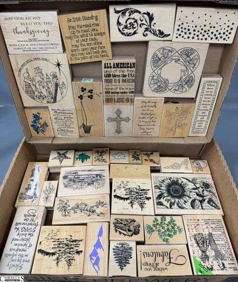 37 Variety Of Wood Mounted Rubber Stamps. Images Include Nature Scenes, Flowers, Inspirational Quotes, And More. image