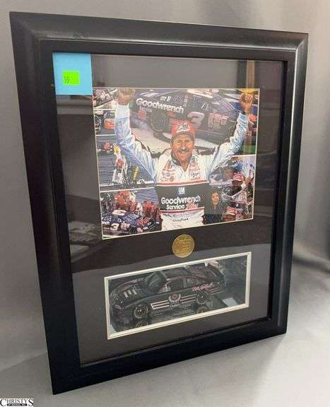 Dale Earnhardt Commemorative Shadow Box With Illustration, Coin and Die Cast Replica Overall Measures 17x21" image