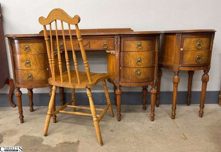 French Style Kidney Dressing Table and Stand w/Chair - 52" x 19" x 30" of dressing table - some finish wear, chipped trim to both image