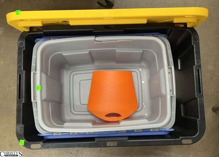 3 Storage Totes - 1 missing lid - 27 gallon is largest image