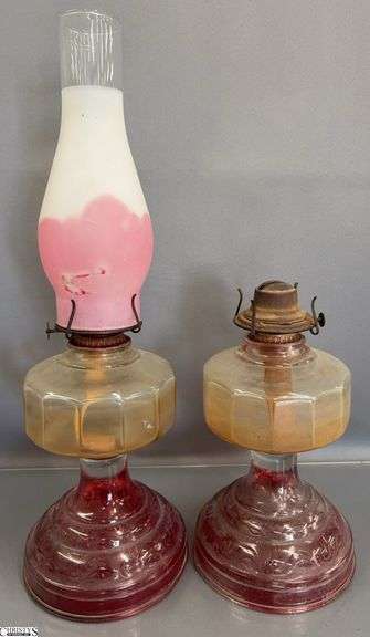 2 Cranberry Accent Glass Oil Lamps - 11" of lamp base image