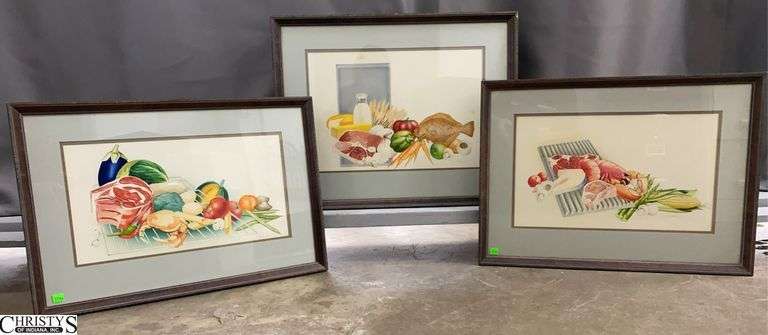 Trio Signed Culinary Watercolor Still Life Paintings - 25" x 19.5" of each frame, some toning to paper image