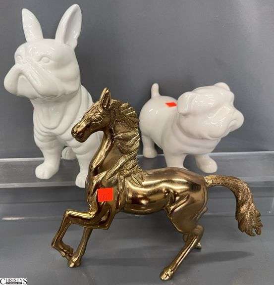 Metal Horse and 2 Ceramic Dog Figurines - 12" x 11" of horse image
