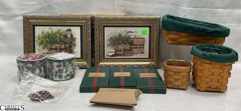 3 Small Longaberger Baskets and Some Longaberger Accessories.  Includes 2002 Note Pad Combo, Pen Pal Combo, Clip Keeper with Protector, 2 Rolls of Traditional Holly Wired Ribbon,3 Pewter Santa Keys in Box, Snowman Knob, a Christmas Tie On and 3 Small Basket/Pottery Framed Prints 9"x7" image