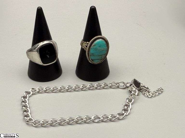 Marked Sterling Bracelet, and 2 Rings, Black Stone is Missing Center Stone image