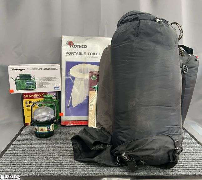 Camping Supplies - Portable Toilet, 5pc Aluminum Cook Set, Sleeping Bags, Tent, Tent Stakes image