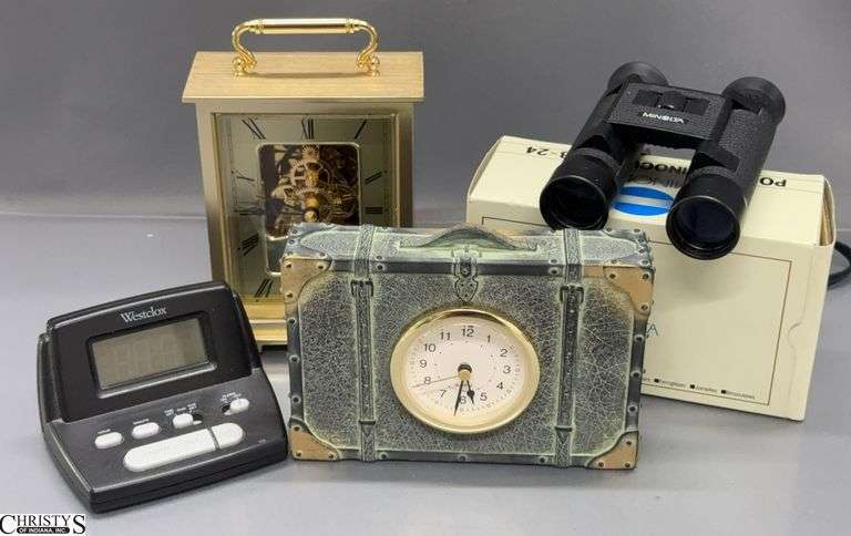 3 Desk Clocks and Pair Binoculars - Howard Miller, Minolta, and Others - 6" of largest image