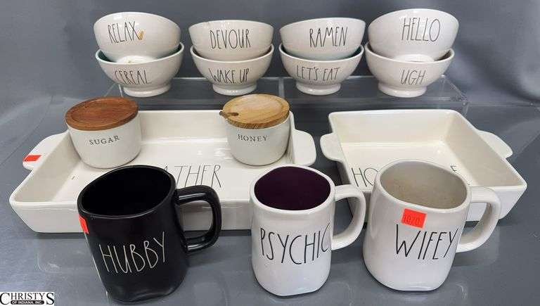 Rae Dunn and Threshold Mugs, Bowls, Storage Jars, Baking Pans - Chipping, Utensil Marks Throughout - 16" of largest image