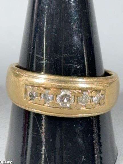 Men's 14KT Yellow Gold Wedding Band with Five RB Diamonds.  TCW Approx. .25/100 image