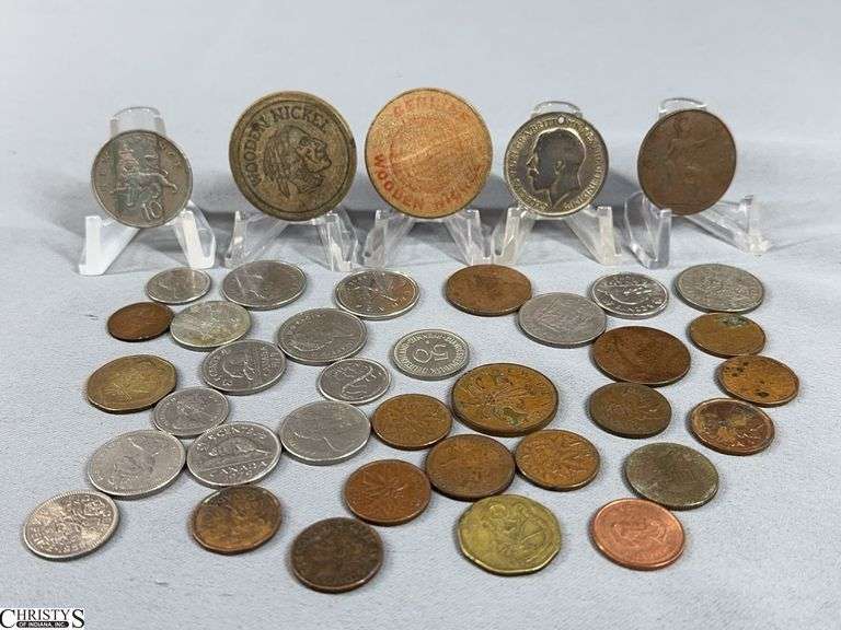 37 Foreign Coins and 2 Wooden Nickels image