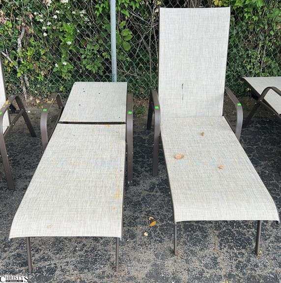 2 Adjustable Patio Outdoor Loungers - 24" W x 66" L x 40" as sits, some scuffing/wear from use image