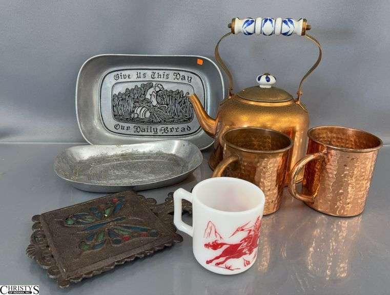 Copper Kettle, Mugs, Trivet, Pewter Dishes - 11" of largest image