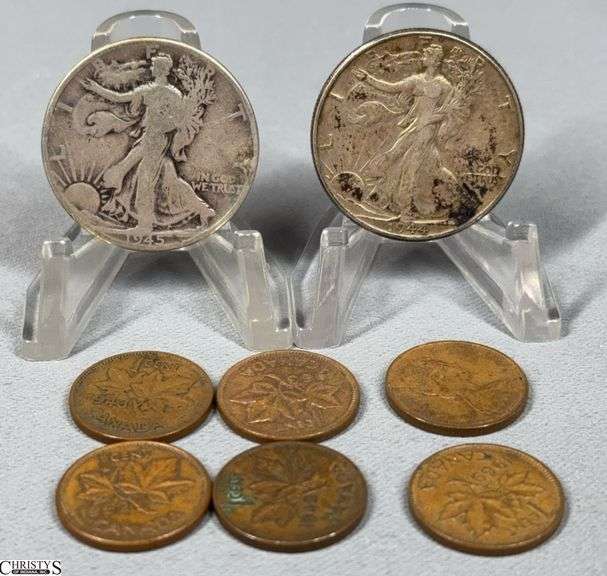 1944 & 1945 Walking Liberty Half Dollars and 6 Canadian Pennies  1942, 1943, 1962, 1963, 1967, 1969 image