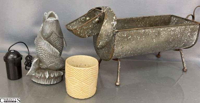 Bernini Mini Figurine Fish Fountain and Galvanized Metal Dog Planter - 20" of planter image