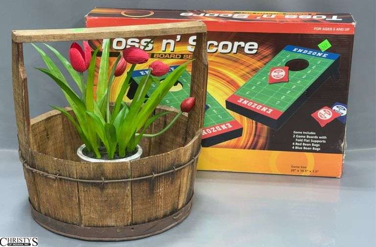 Toss N' Score 2 Game Board Set in Box, Artificial Flowers in Pot and a Wooden Water Bucket Approx. 13" Round X 13" Tall image