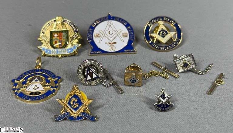 Masonic Jewelry to Include 5 Pins, 3 Lapel Pins with Chains and a Grand Lodge Pendant image