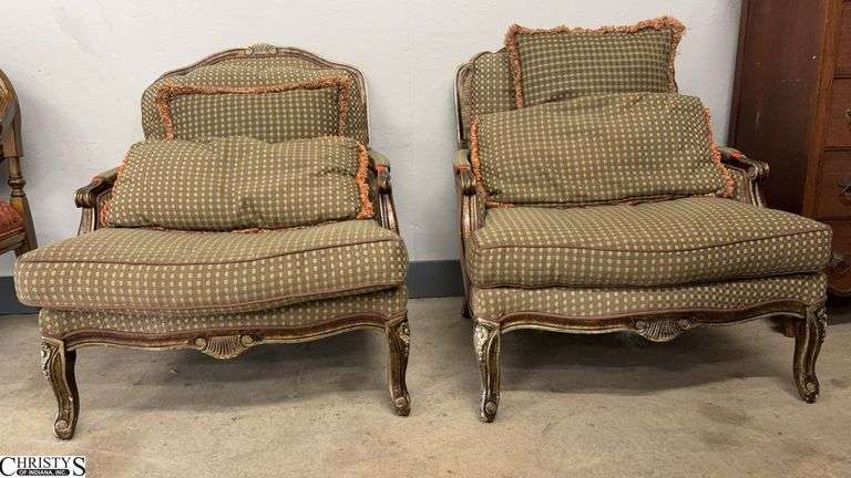 Pair Paul Roberts Bergere Chairs - 32" x 36" - 16" seat - some wear to upholstery image