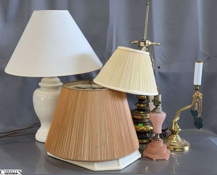4 Table Lamps and Various Shades - Some wear/damage - 24" T of largest image