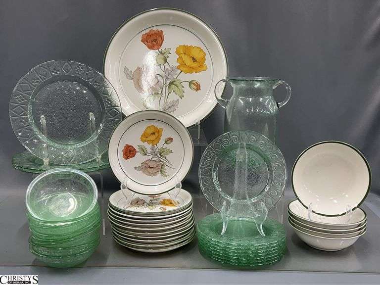 Nitto Stoneware Dishes, Glass Plates/Bowls, Handled Glass Vase - 12.5" of largest, some chipping image