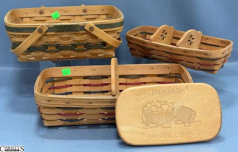 3 Longaberger Baskets.  1995 Woven Traditions Bread Basket with Divider, 1995 Woven Traditions Cracker Basket with 2 Dividers, a 1996 Holiday Cheer Basket and a Misc. Lid Approx. 9"X5" image