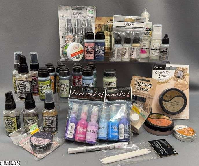 Distress Stain, Confetti Sparkles, Fireworks Crafty Ink Sprays, Fabric Paint, Metallic Luster Champagne Ice and Rose Gold Wax Metallic Finish image