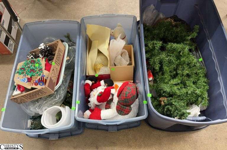 3 Totes of Assorted Christmas - Artificial Greenery, Tabletop Decor, Stockings, Misc image