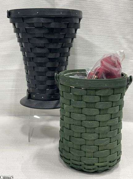 Longaberger Beverage Carrier / Wine Carrier with Protector and 2 Liners and a 10" Tall Longaberger Black Floral Vase with Protector image