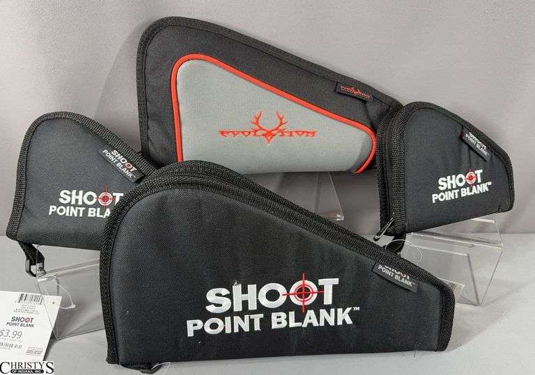 4 New Pistol Covers.  1 Evolution  Medium Pistol  Bag, 1 Shoot Point Black Medium Pistol Bag and  2 Shoot Point Blank X-Small Pistol Bags image