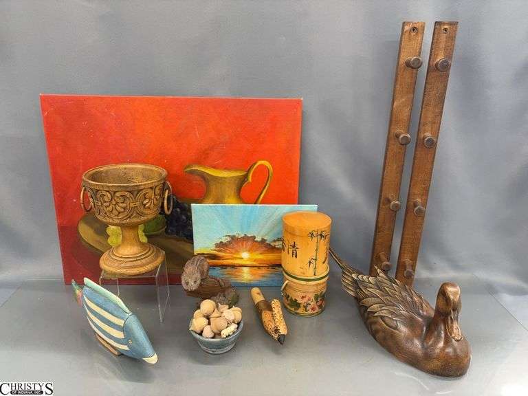 Pintail Duck Decoy, Carved Wood Whistle, Still Life Painting, Wall Coat Racks, Misc - 20" x 16" of board image