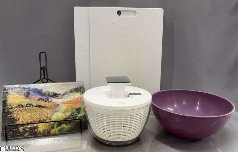 Cutting Boards, Cookbook Stand, Salad Spinner and Bowl - 18" of largest, some wear from use image