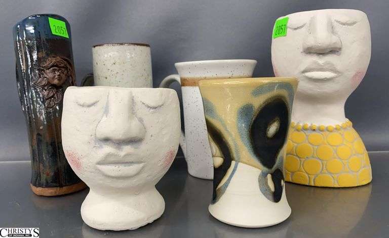 Pottery Mugs, Face Vases - 6pcs - 6.5" of tallest image