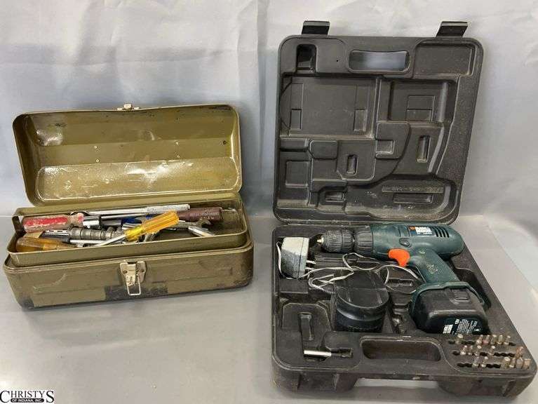 Black & Decker Cordless Drill and Metal Toolbox with Contents image