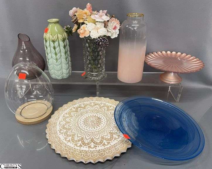 Pastel Tone Vases, Plates, Stand, Cloche Dome, Shell Flowers - 10" T of arrangement image