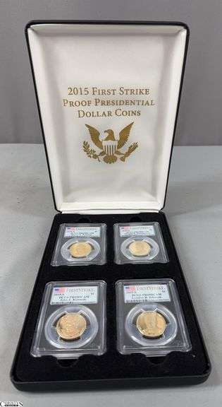 2015 First Strike Proof Presidential Dollar 4-Piece Coin Set in Display.  Includes Truman, Eisenhower, Kennedy and Johnson image
