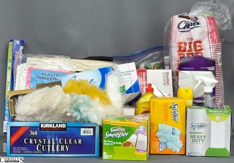 Plastic Cups, Tablecloths, Flatware, Misc Cleaning Supplies image