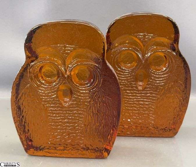 Pair Blenko Joel Myers Amber Glass Owl Bookends - 5.5" x 7" of each image