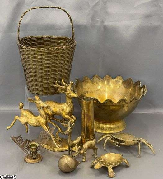Brass Animal Figurines, Scalloped Bowl, Handled Basket - 10" D of bowl image