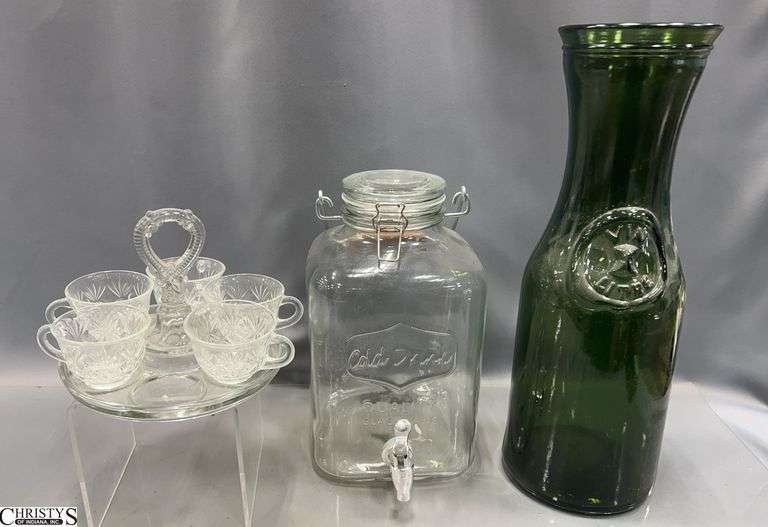 19" Tall Green Vin Litre Wine Carafe, Clear Glass Cold Drink Dispenser and a Punch Glass Set with 5 Glasses image