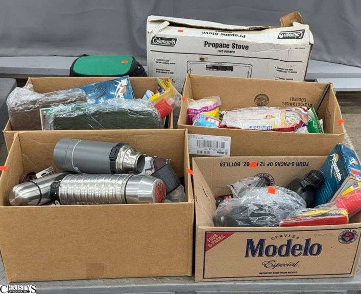 Skid of Camping Supplies - Coleman Propane Stove, Thermos, Tarps, Misc - SKID NOT INCLUDED image