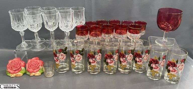 Rose Motif, Ruby Edged, Crystal Stemware and Glasses - 7.5" of tallest image